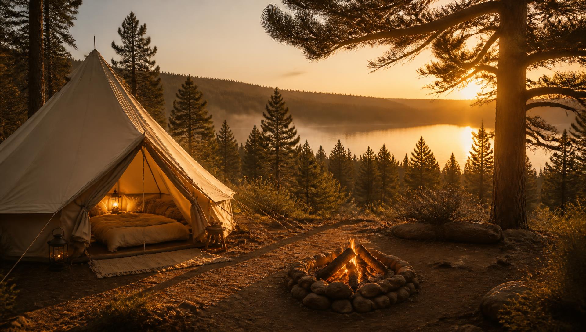 Canvas tent and campfire above a misty forest lake at sunset